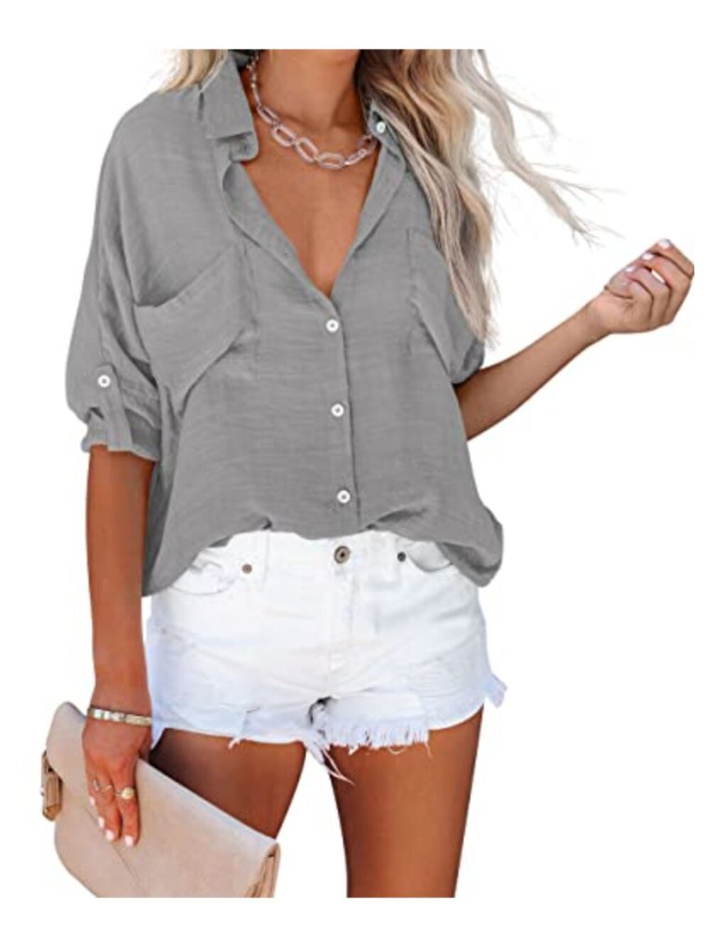 Women's V-Neck Button Down Blouse with Pockets Roll Tab Sleeve Cuff Loose
